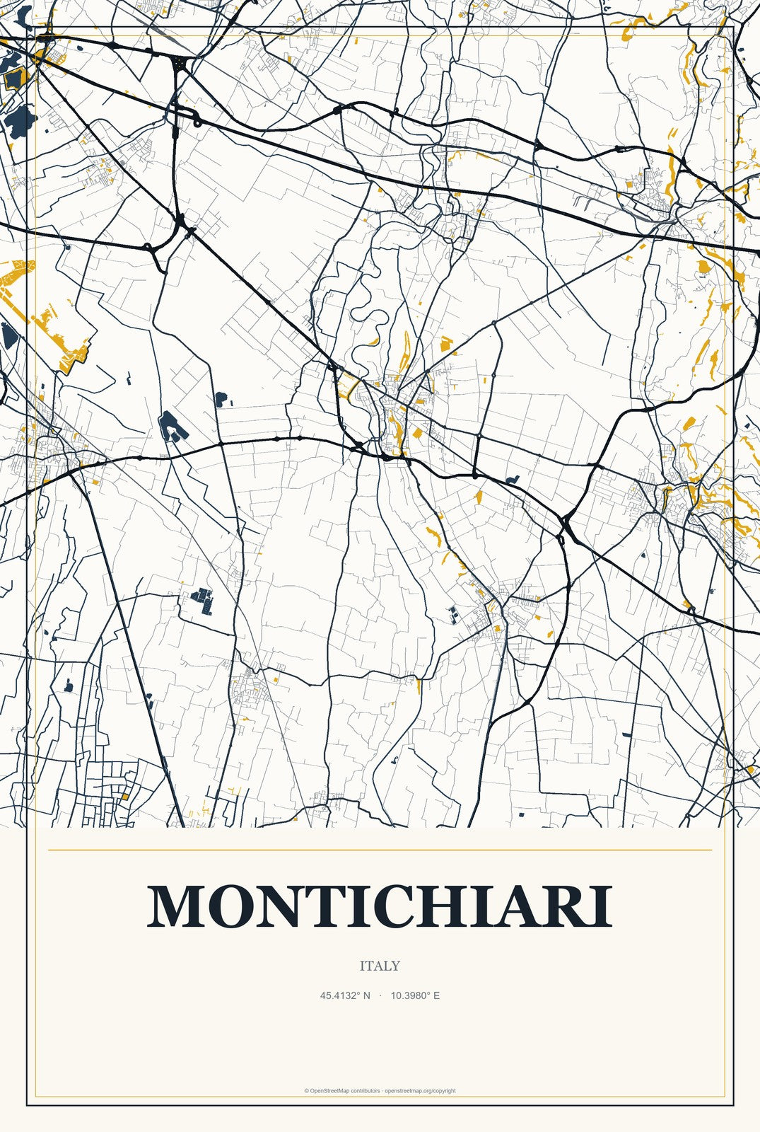 Montichiari, Italy City Map Aluminum Sign in Citrine Modern style
