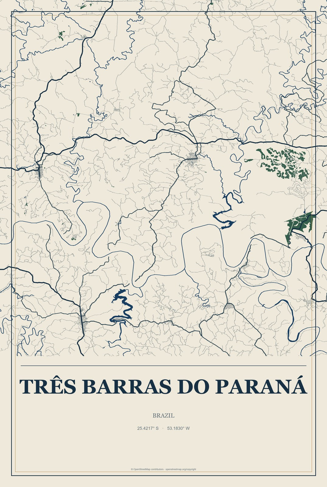 Três Barras do Paraná, Brazil City Map Aluminum Sign in Coastal Cutout style
