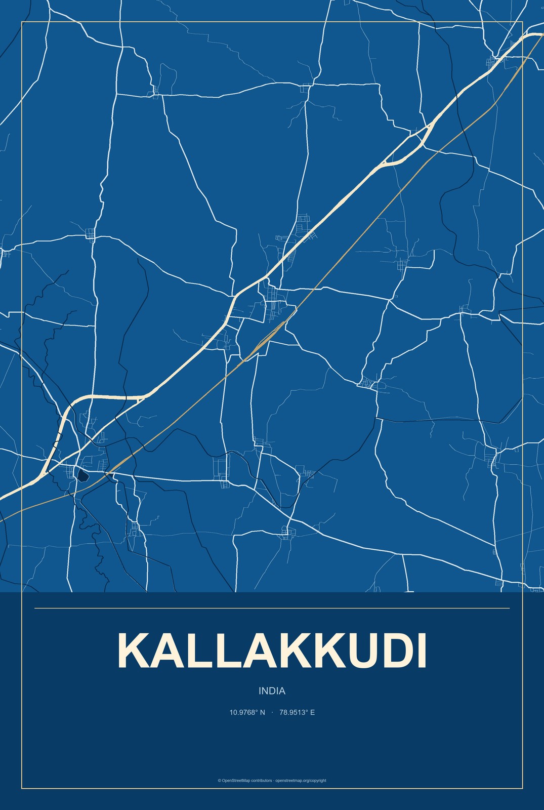 Kallakkudi, India City Map Aluminum Sign in Harbor Cobalt style