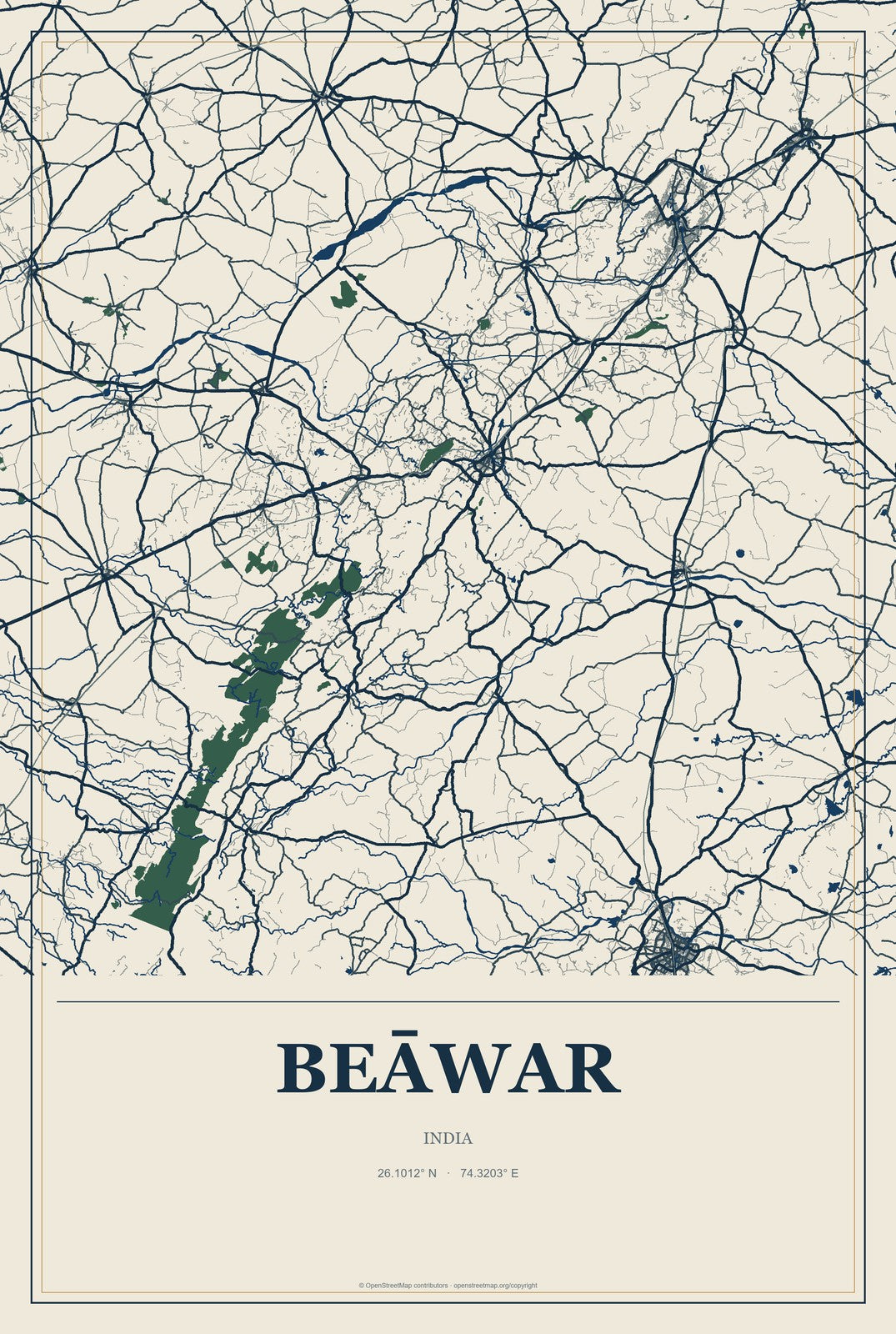 Beāwar, India City Map Aluminum Sign in Coastal Cutout style