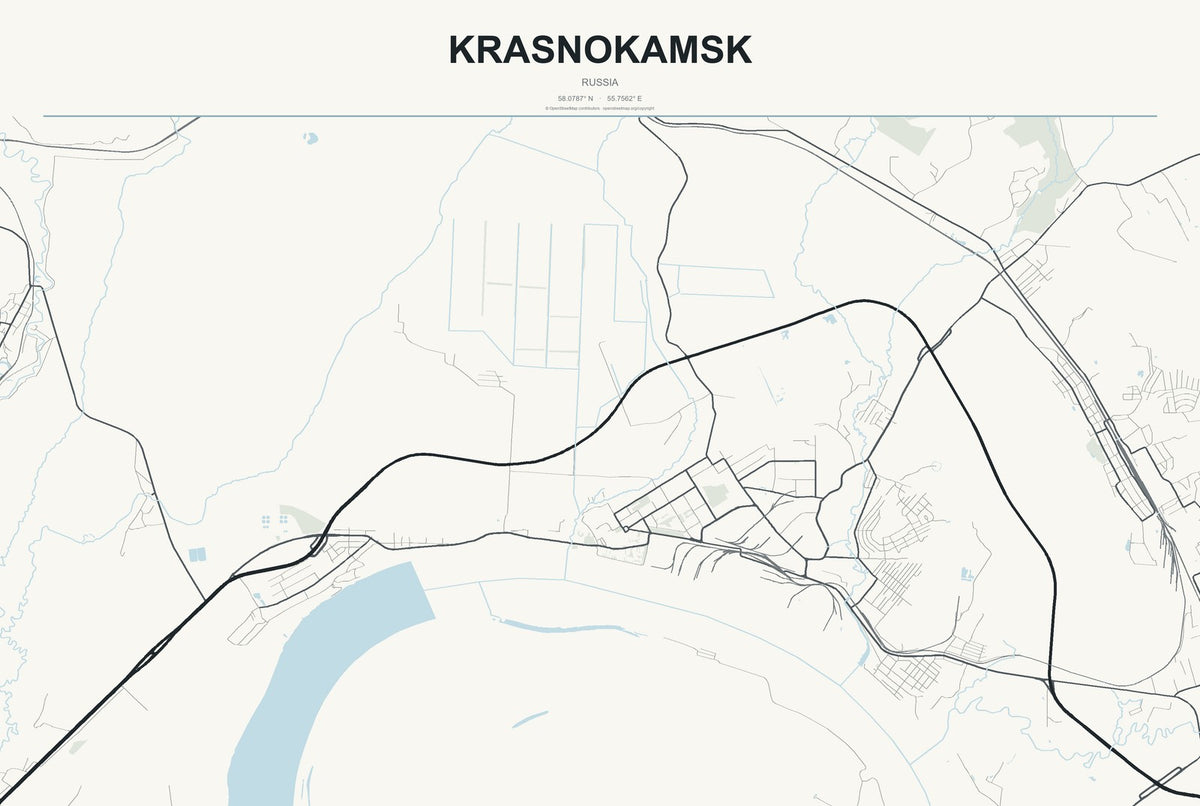 Krasnokamsk, Russia City Map Aluminum Sign in Headline Atlas style