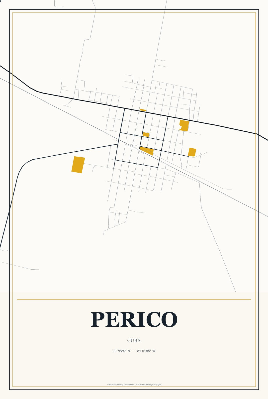 Perico, Cuba City Map Aluminum Sign in Citrine Modern style