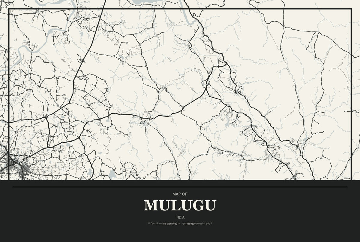 Mulugu, India City Map Aluminum Sign in Museum Plaque style