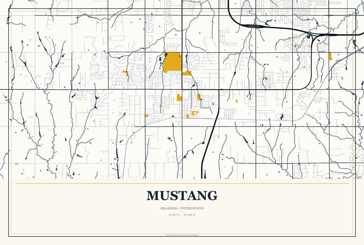 Mustang, Oklahoma City Map Aluminum Sign in Citrine Modern style