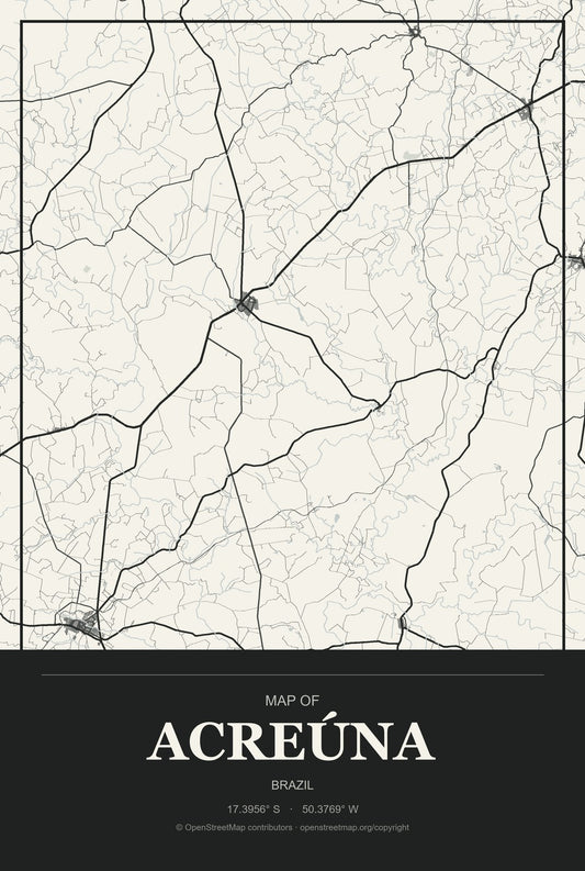 Acreúna, Brazil City Map Aluminum Sign in Museum Plaque style