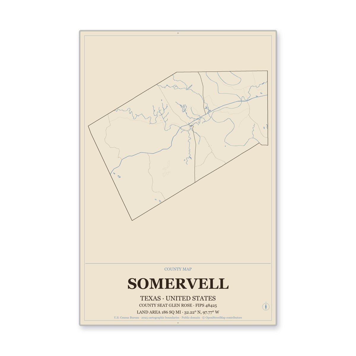 Somervell County, Texas Map Aluminum Sign in Heritage Nautical style