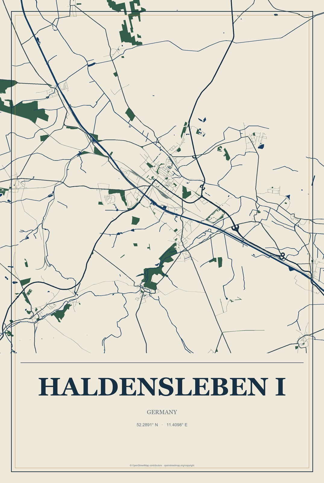 Haldensleben I, Germany City Map Aluminum Sign in Coastal Cutout style