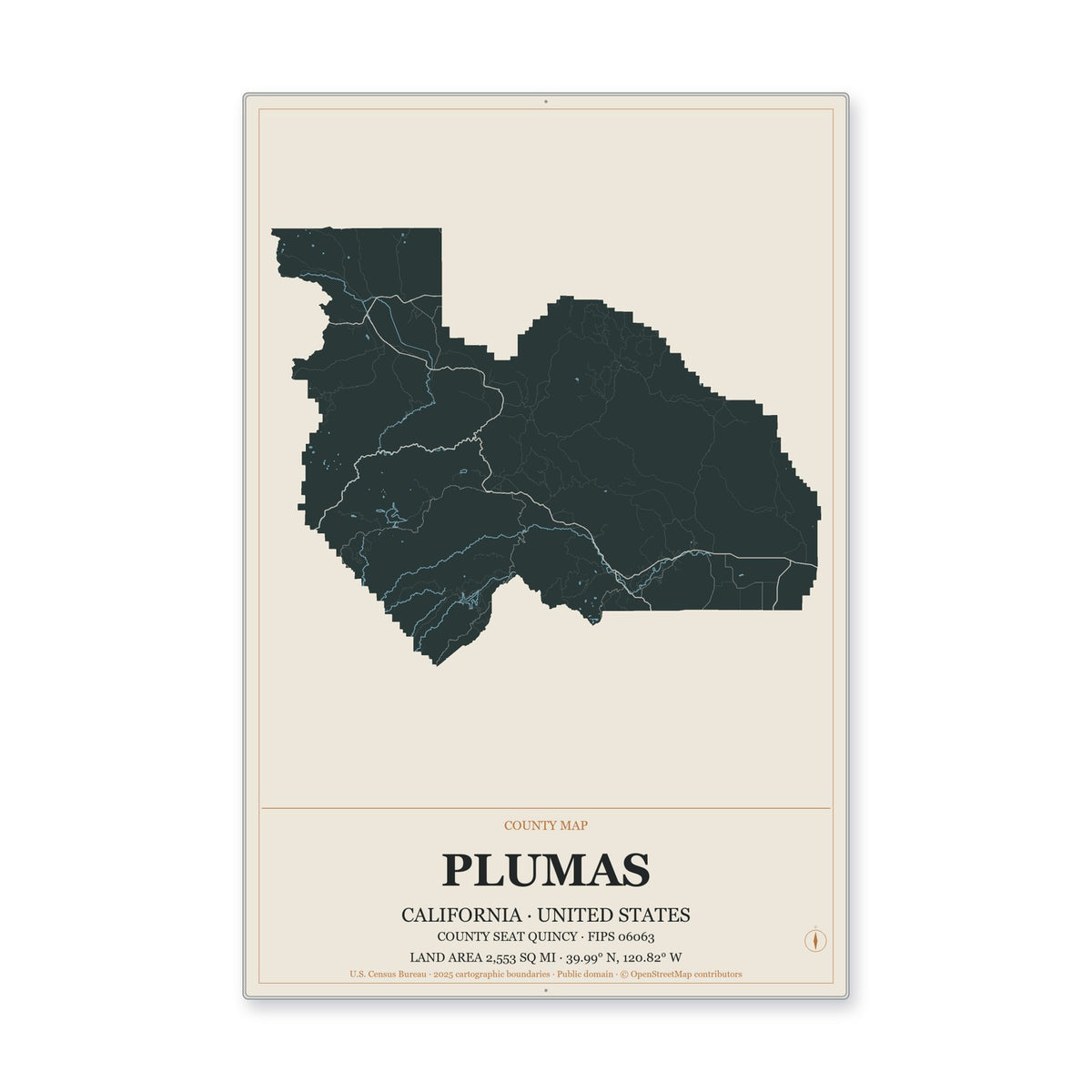 Plumas County, California Map Aluminum Sign in Headline Atlas style