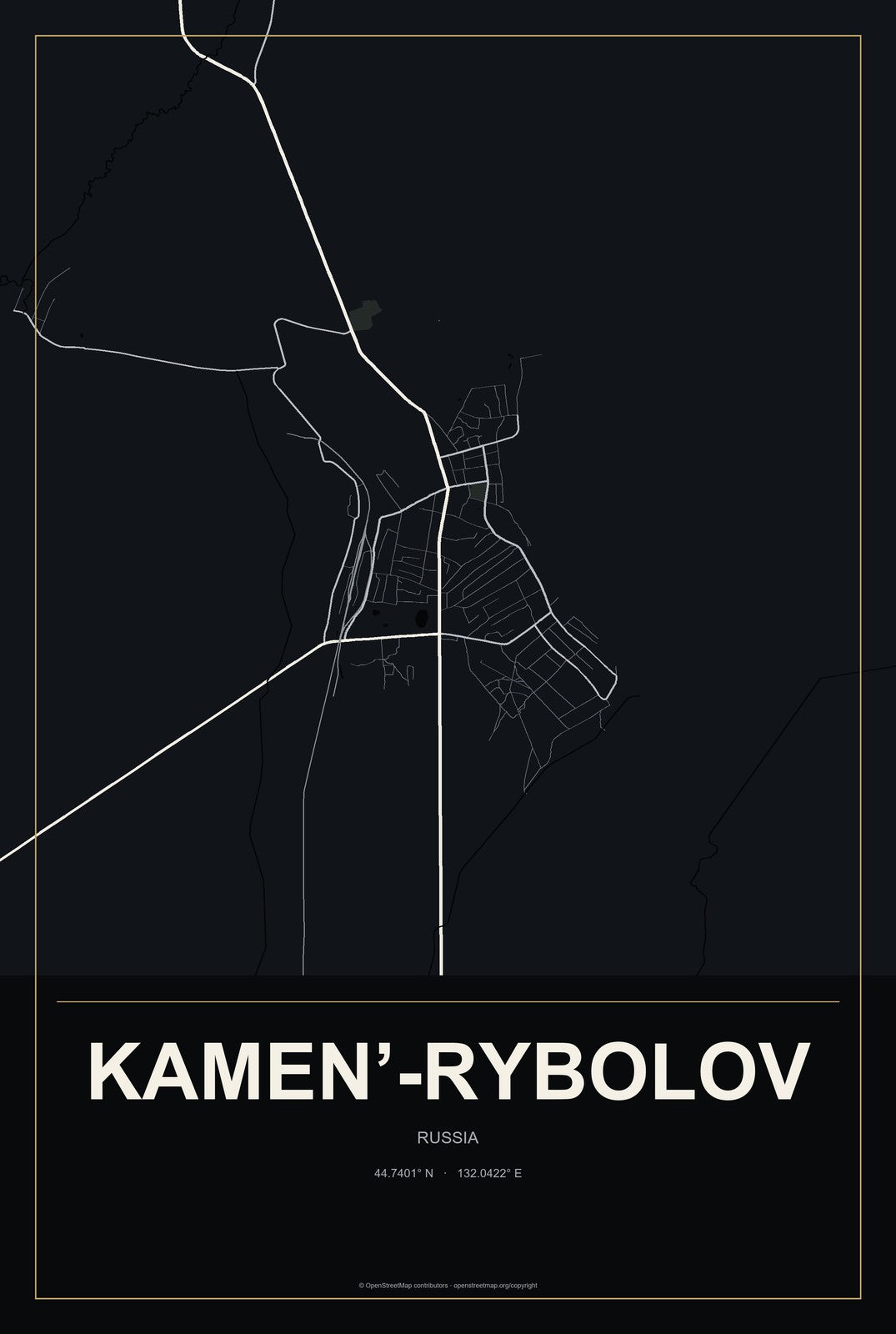 Kamen’-Rybolov, Russia City Map Aluminum Sign in Metropolitan Noir style