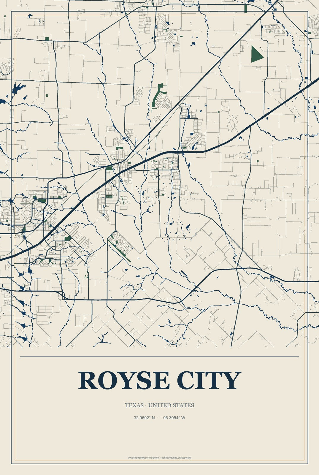Royse City, Texas City Map Aluminum Sign in Coastal Cutout style