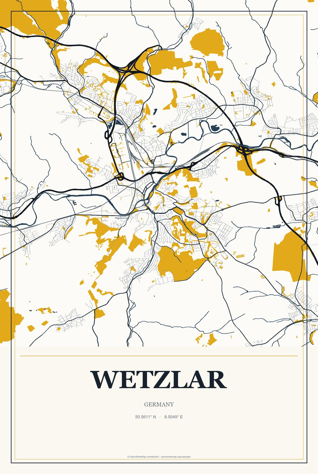 Wetzlar, Germany City Map Aluminum Sign in Citrine Modern style