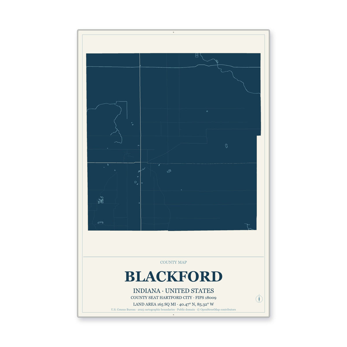 Blackford County, Indiana Map Aluminum Sign in Coastal Cutout style