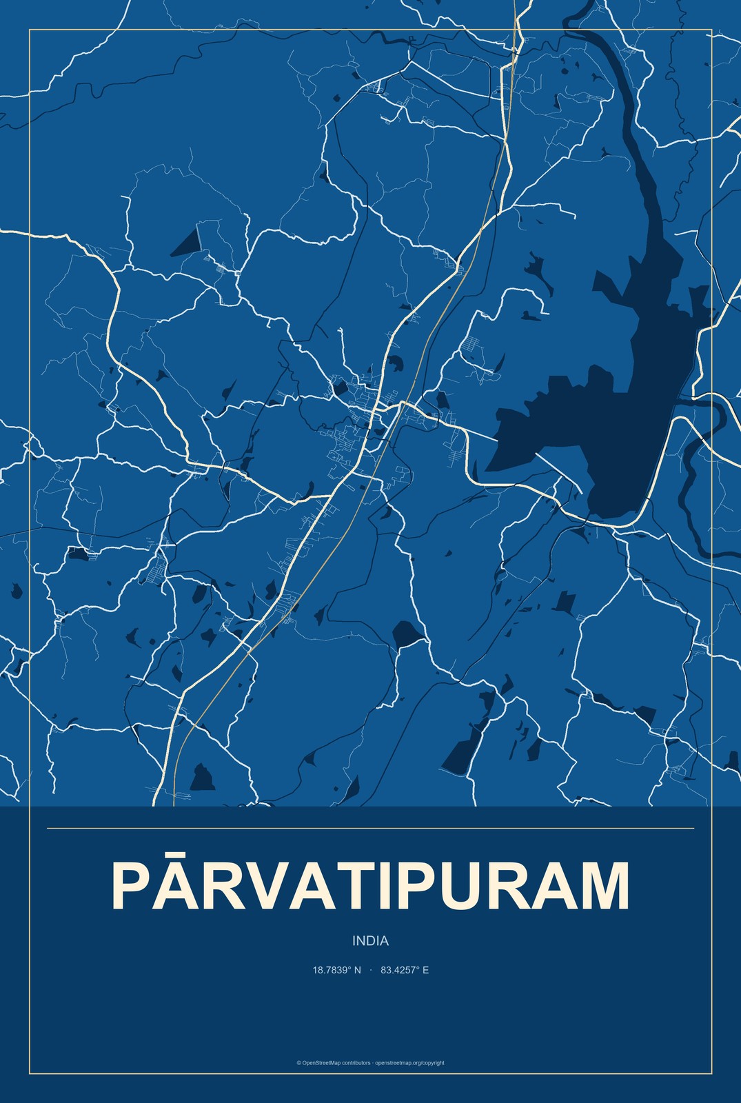 Pārvatipuram, India City Map Aluminum Sign in Harbor Cobalt style