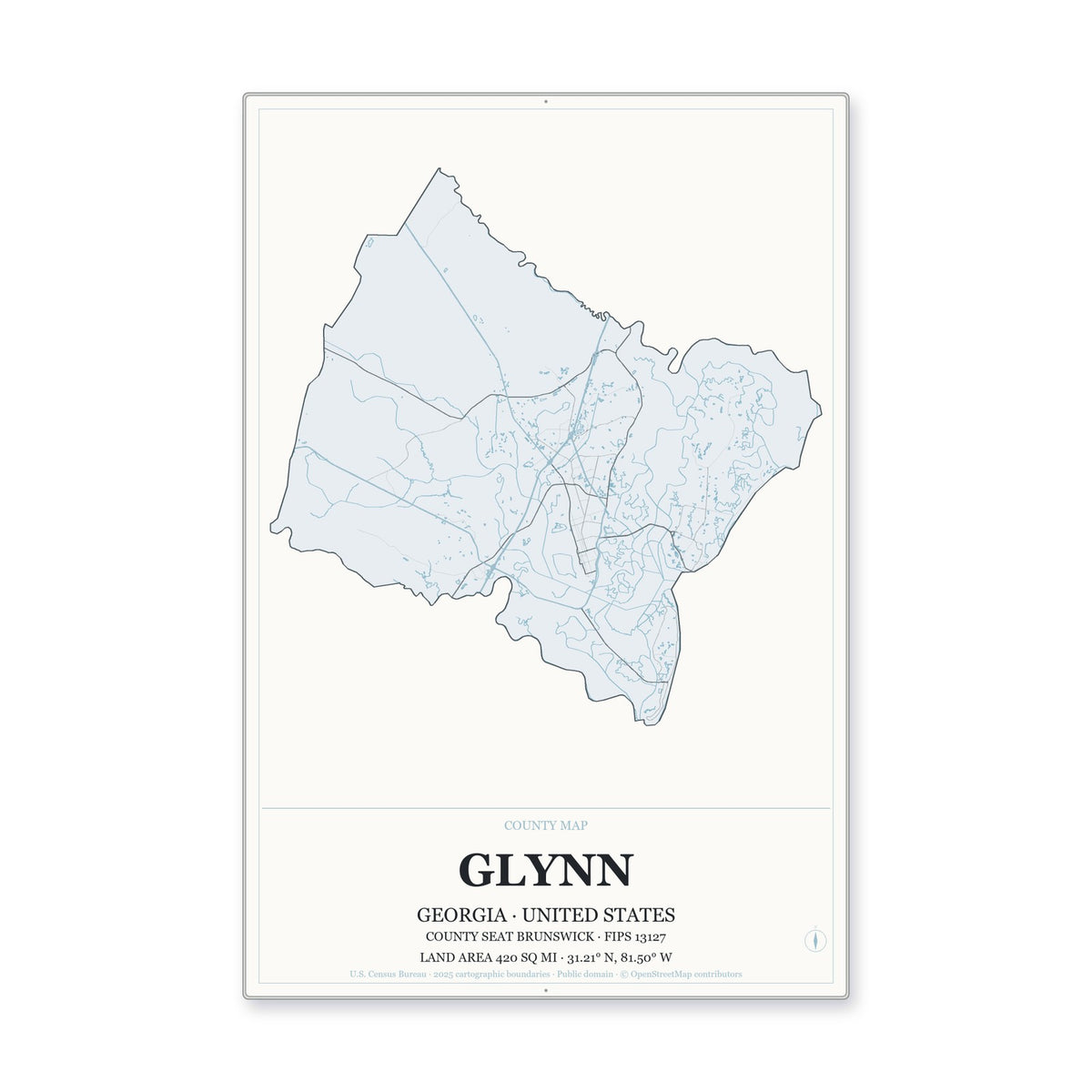 Glynn County, Georgia Map Aluminum Sign in Gallery Air style