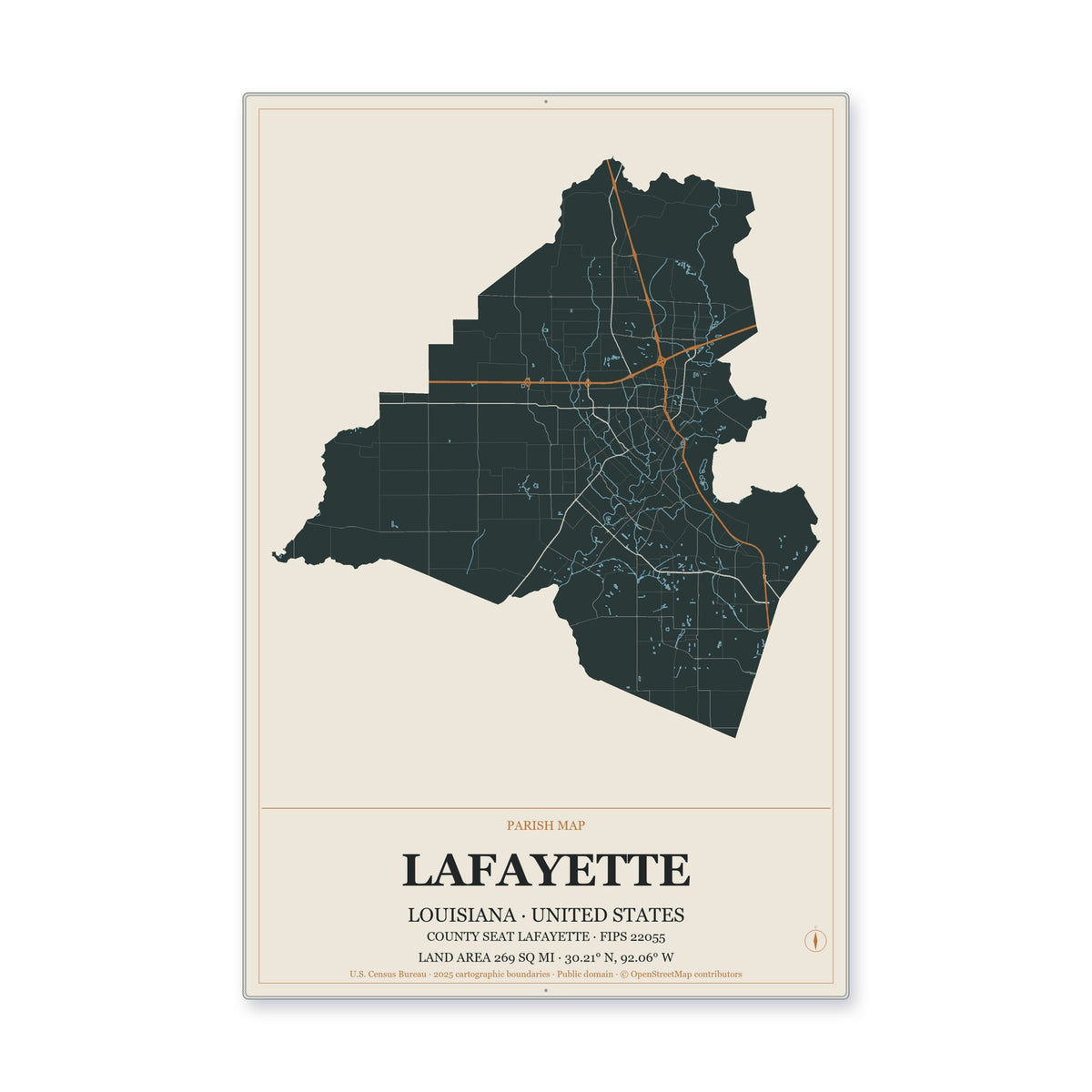 Lafayette Parish, Louisiana Map Aluminum Sign in Headline Atlas style