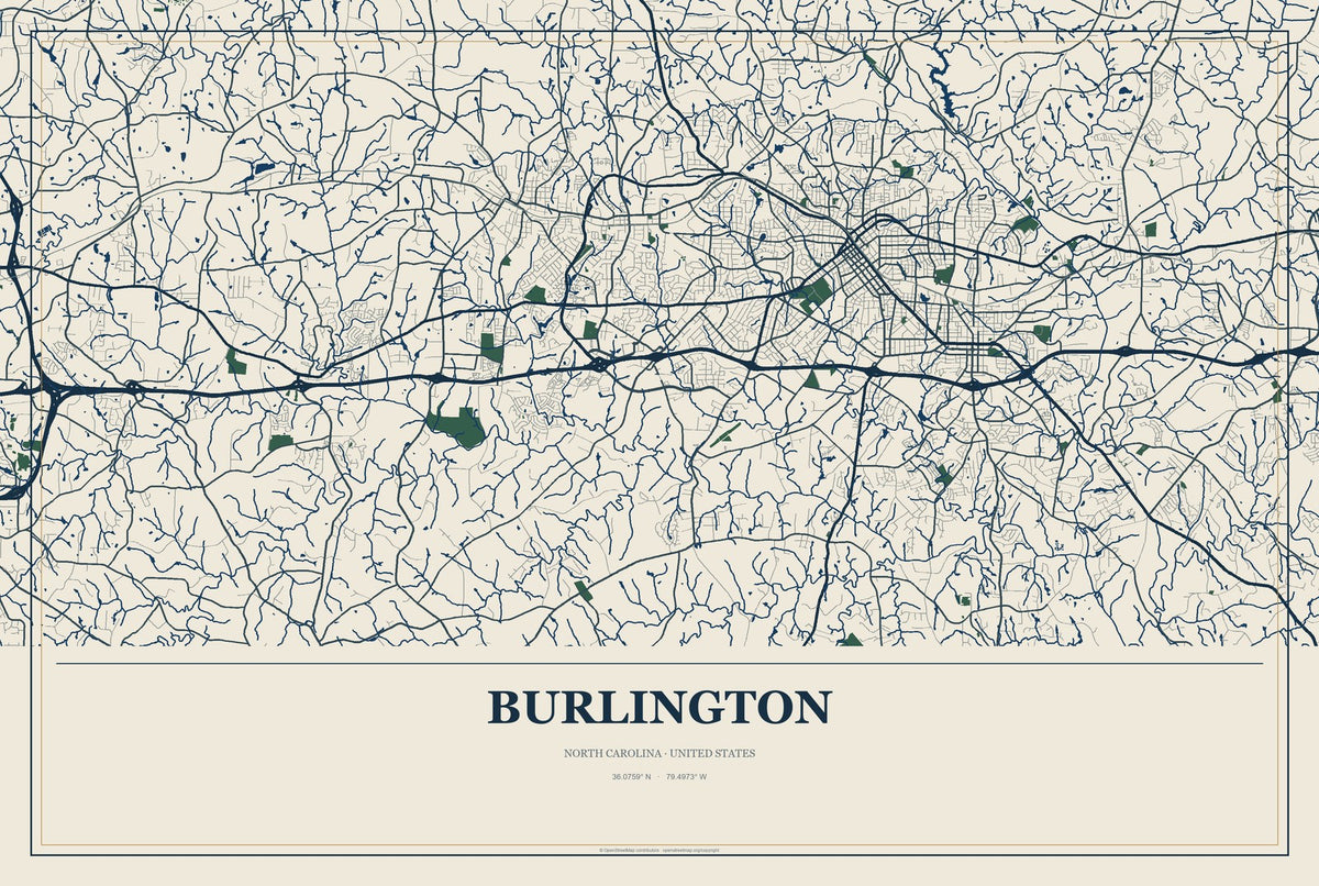 Burlington, North Carolina City Map Aluminum Sign in Coastal Cutout style