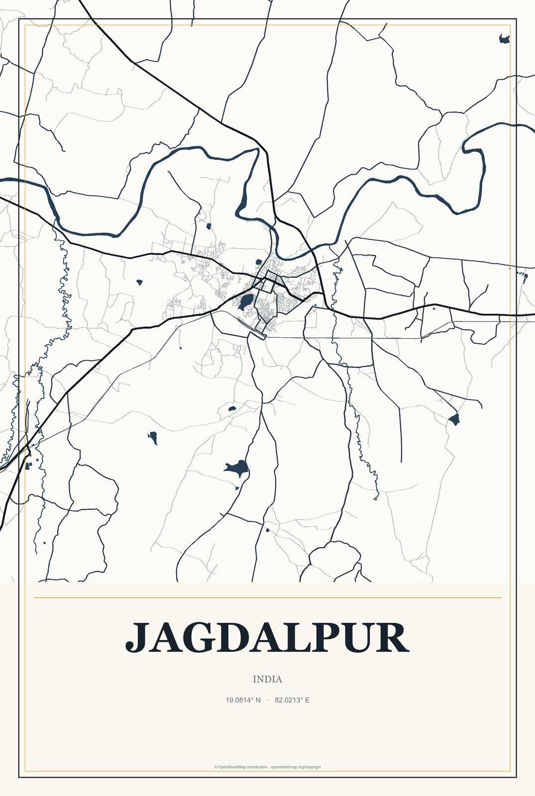 Jagdalpur, India City Map Aluminum Sign in Citrine Modern style