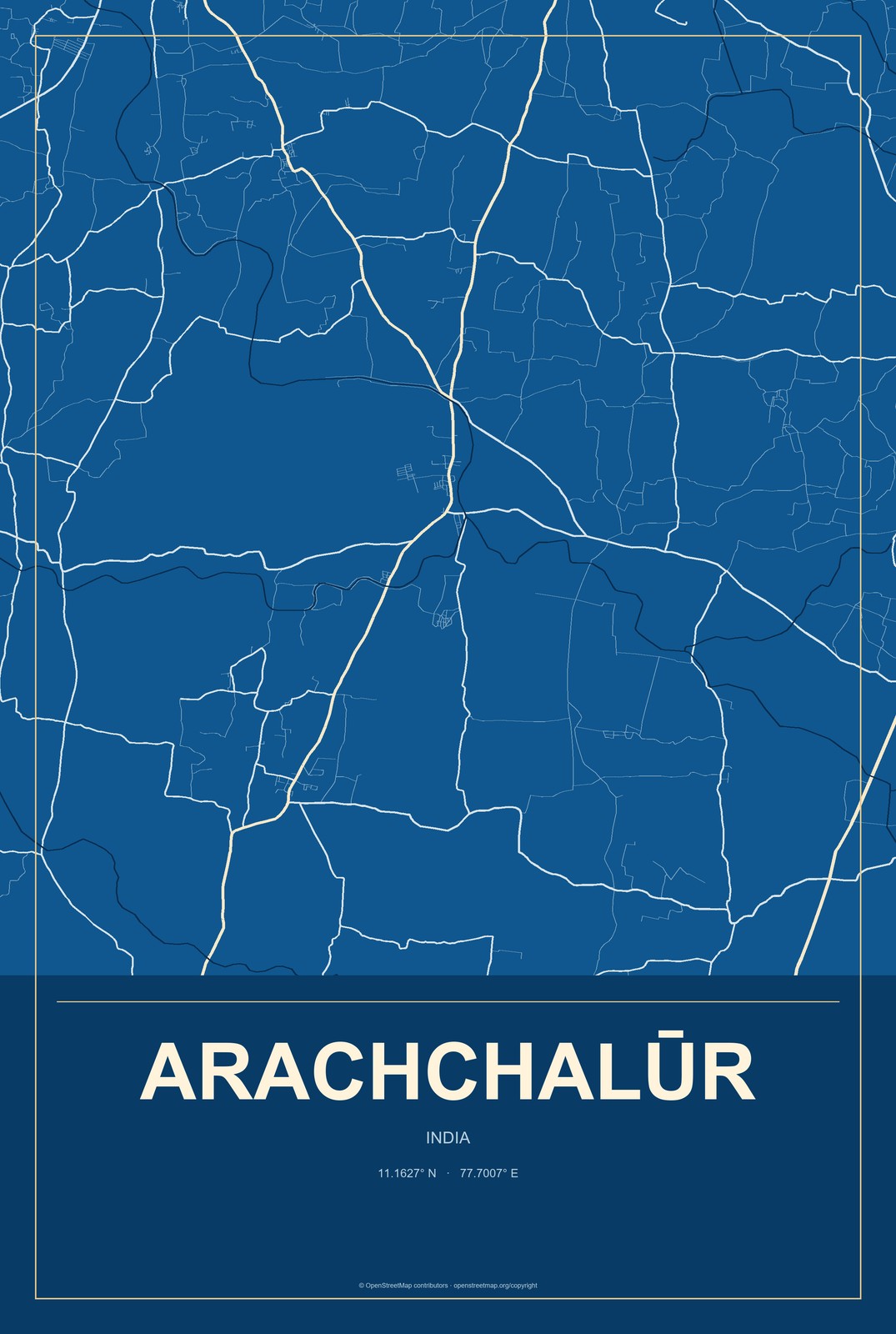 Arachchalūr, India City Map Aluminum Sign in Harbor Cobalt style