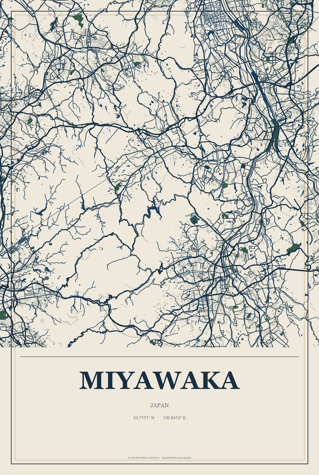 Miyawaka, Japan City Map Aluminum Sign in Coastal Cutout style