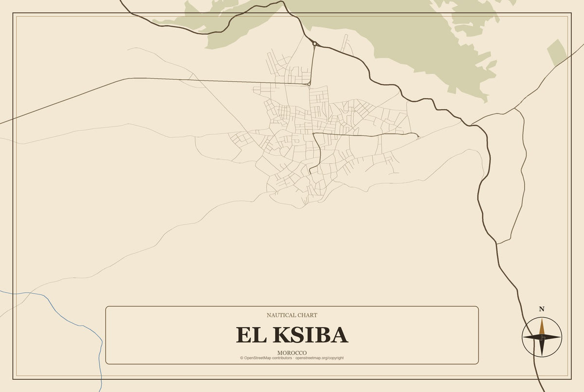 El Ksiba, Morocco City Map Aluminum Sign in Heritage Nautical style