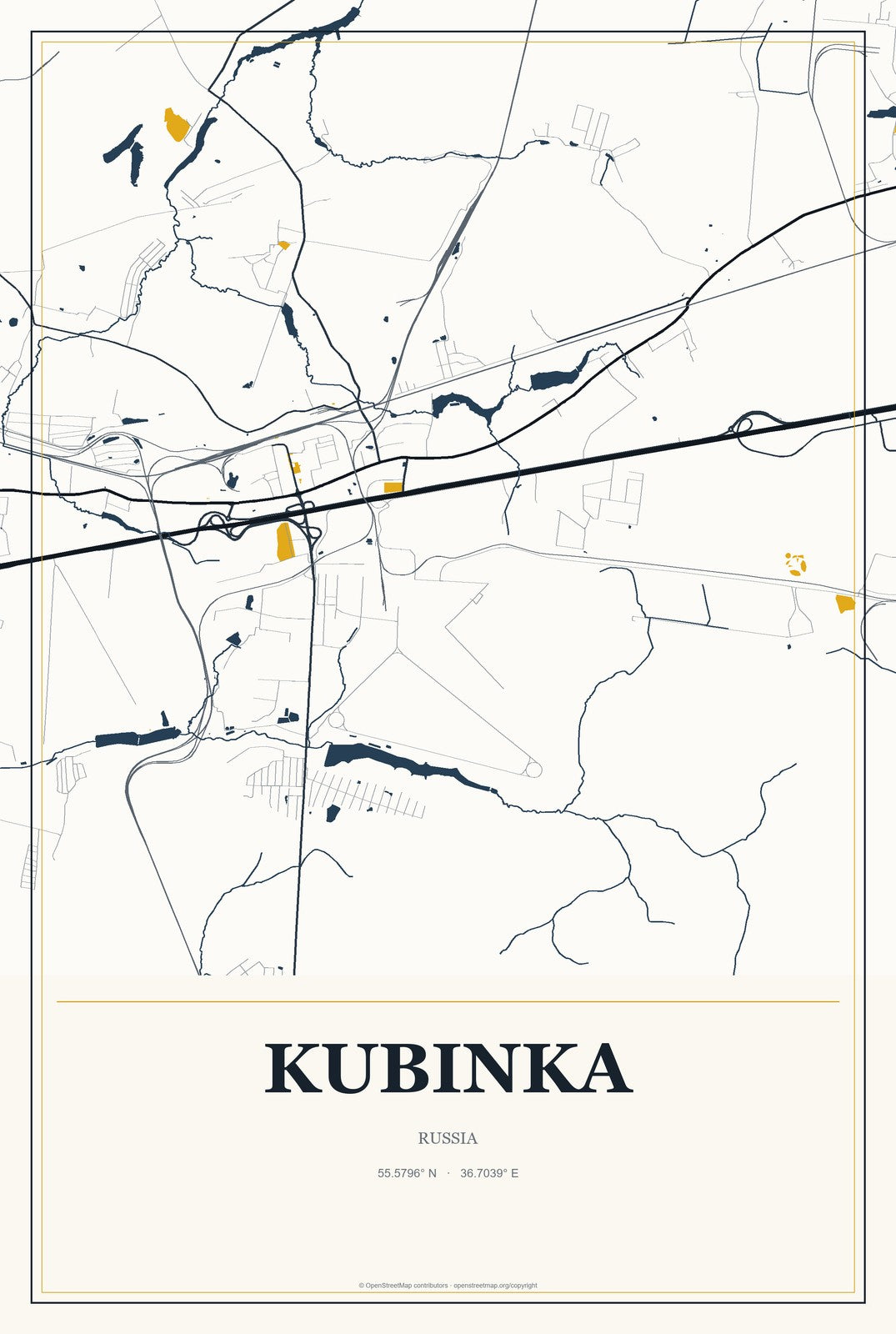 Kubinka, Russia City Map Aluminum Sign in Citrine Modern style