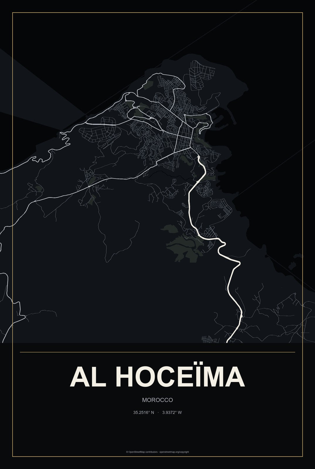 Al Hoceïma, Morocco City Map Aluminum Sign in Metropolitan Noir style