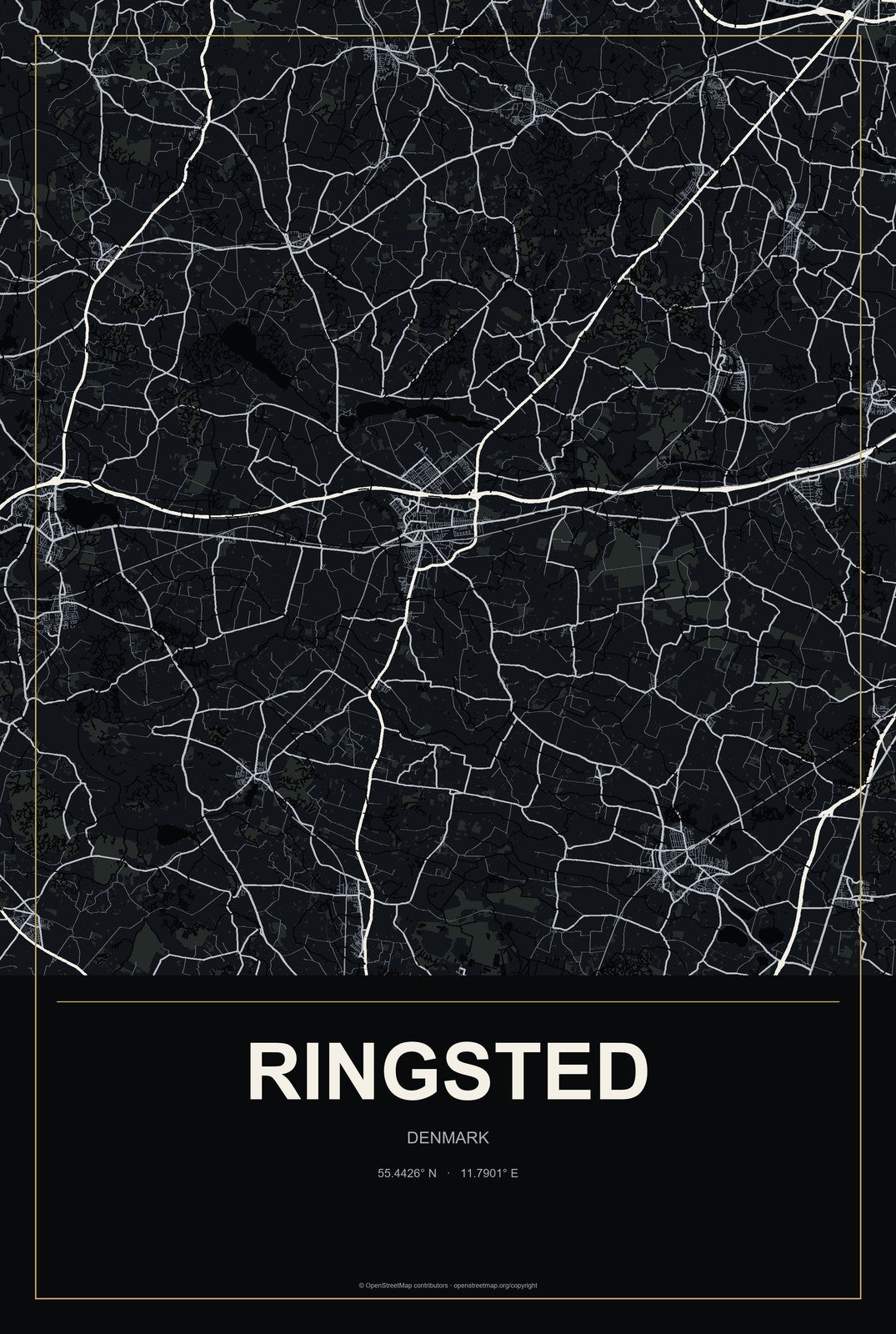 Ringsted, Denmark City Map Aluminum Sign in Metropolitan Noir style