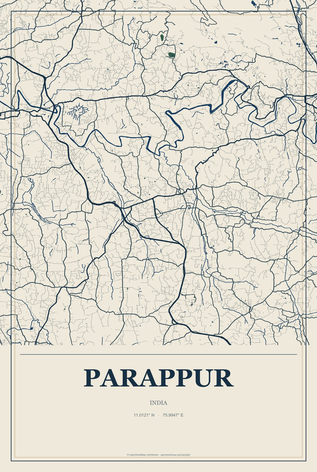 Parappur, India City Map Aluminum Sign in Coastal Cutout style