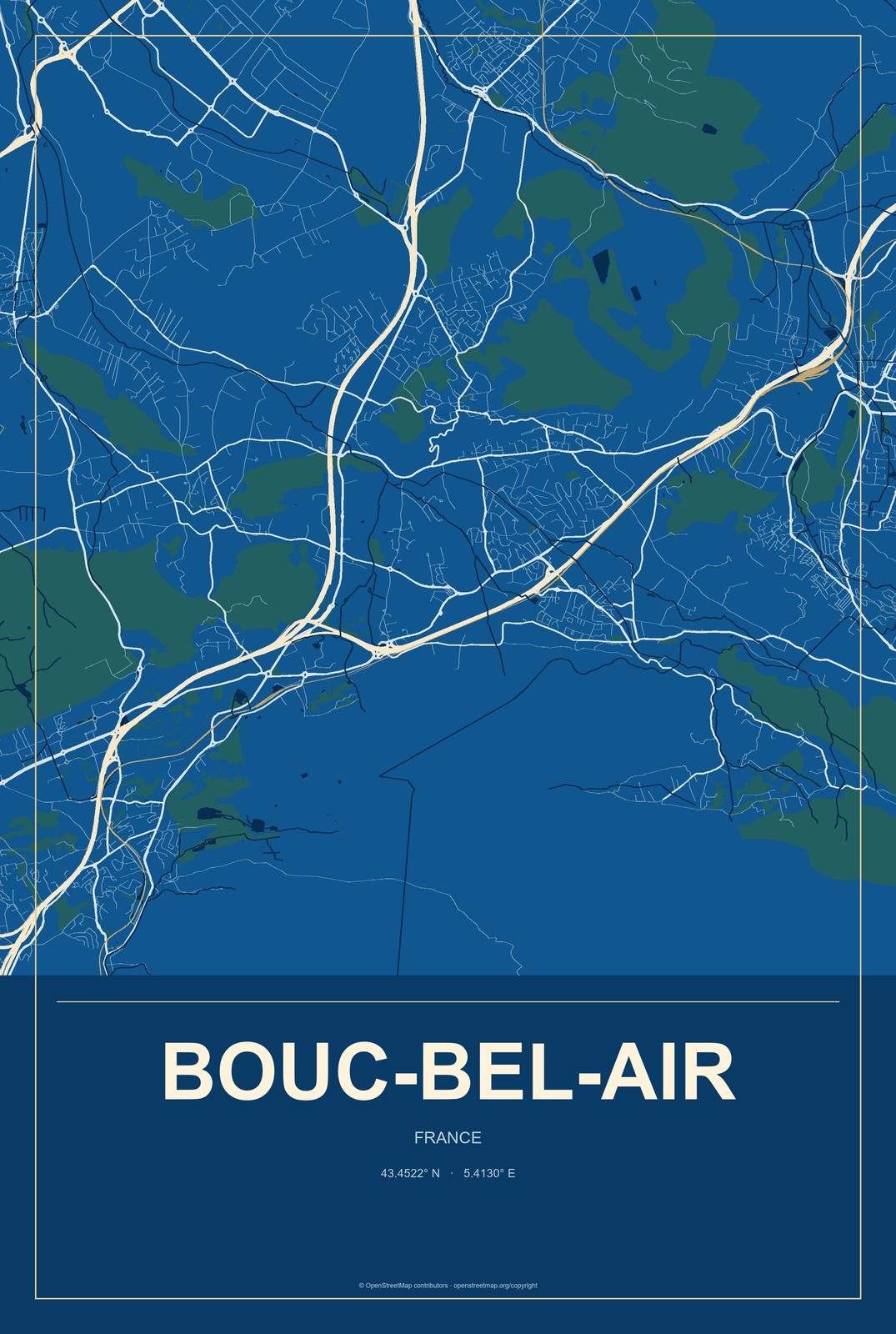 Bouc-Bel-Air, France City Map Aluminum Sign in Harbor Cobalt style