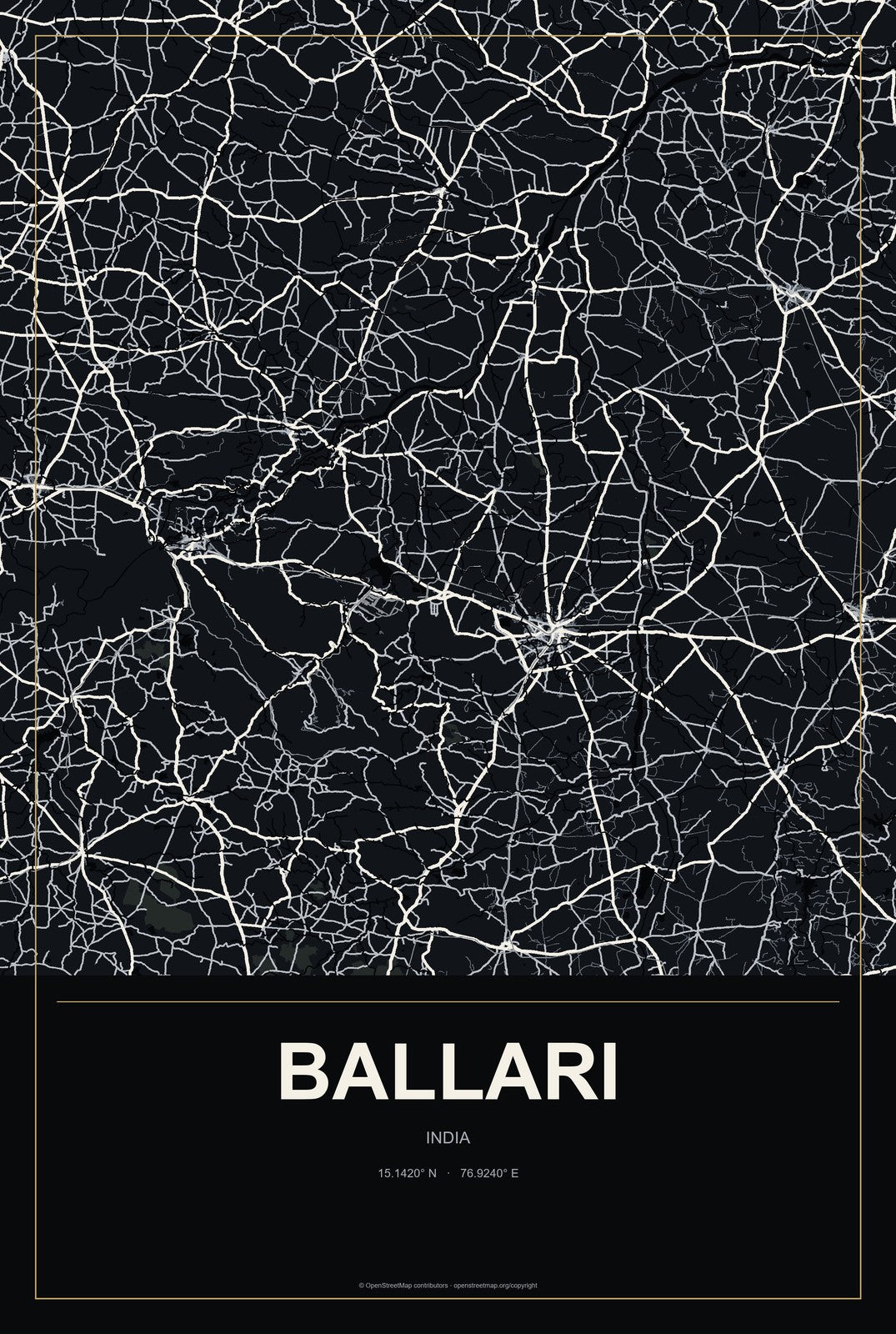 Ballari, India City Map Aluminum Sign in Metropolitan Noir style