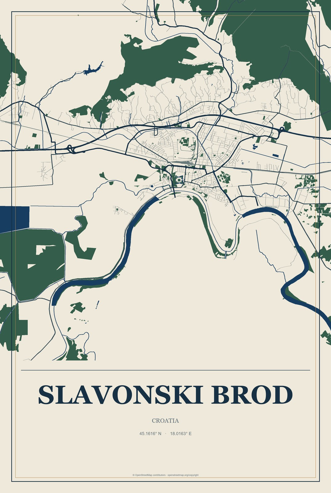 Slavonski Brod, Croatia City Map Aluminum Sign in Coastal Cutout style