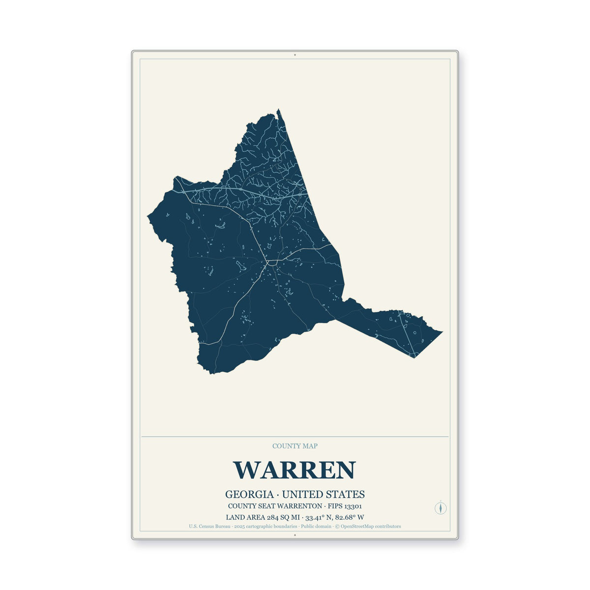 Warren County, Georgia Map Aluminum Sign in Coastal Cutout style