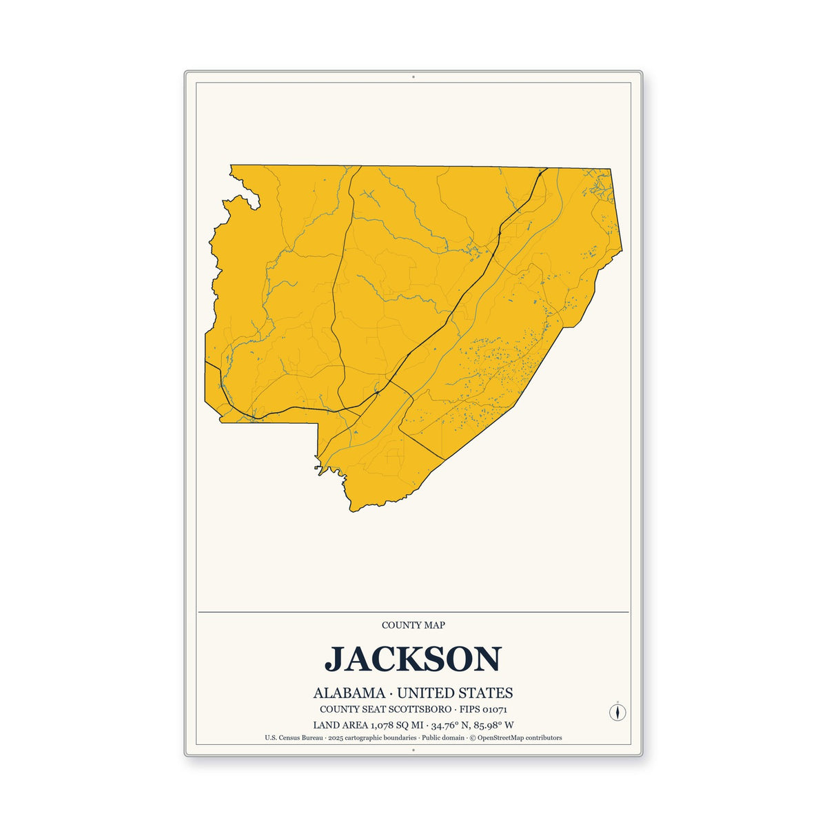 Jackson County, Alabama Map Aluminum Sign in Citrine Modern style