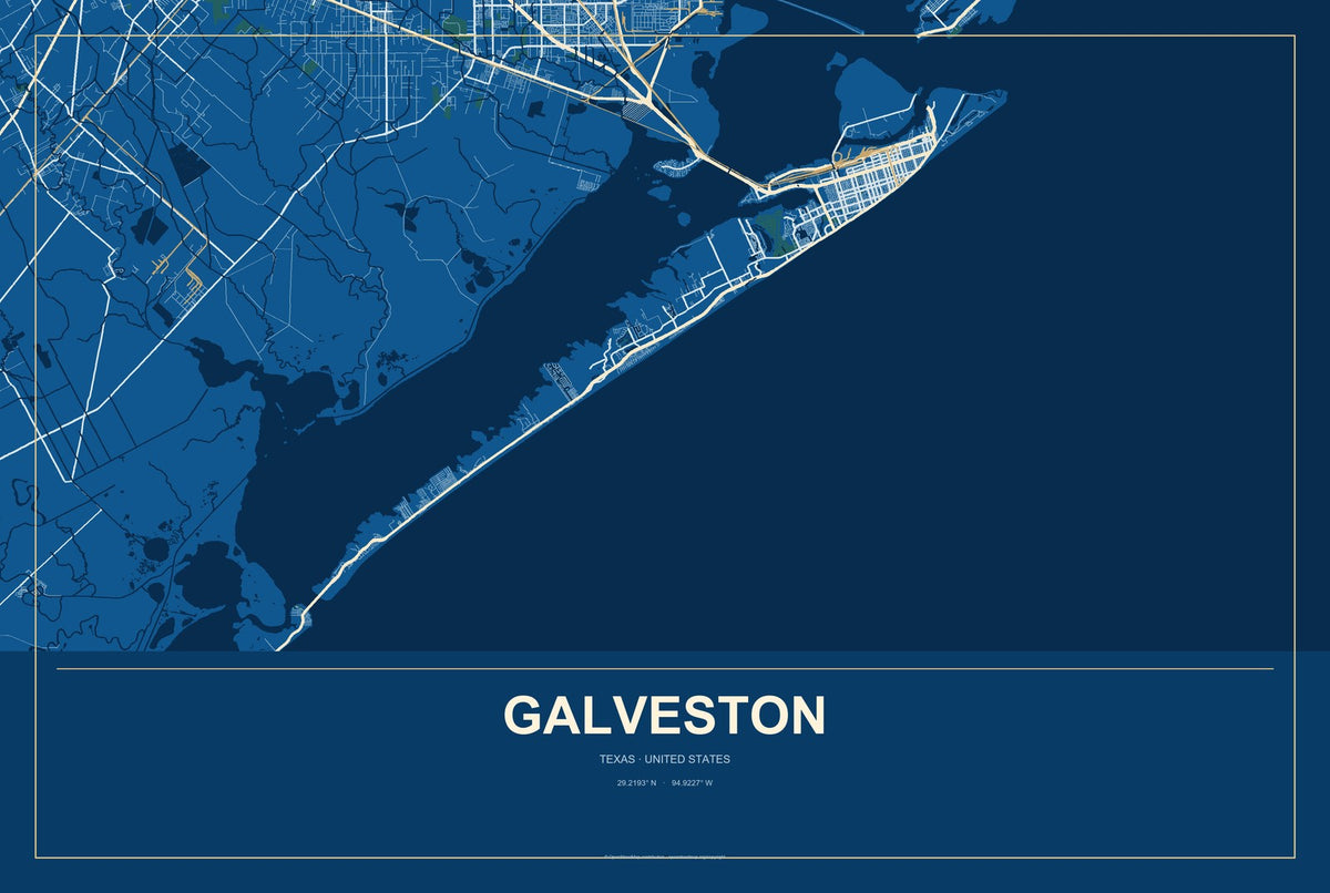 Galveston, Texas City Map Aluminum Sign in Harbor Cobalt style