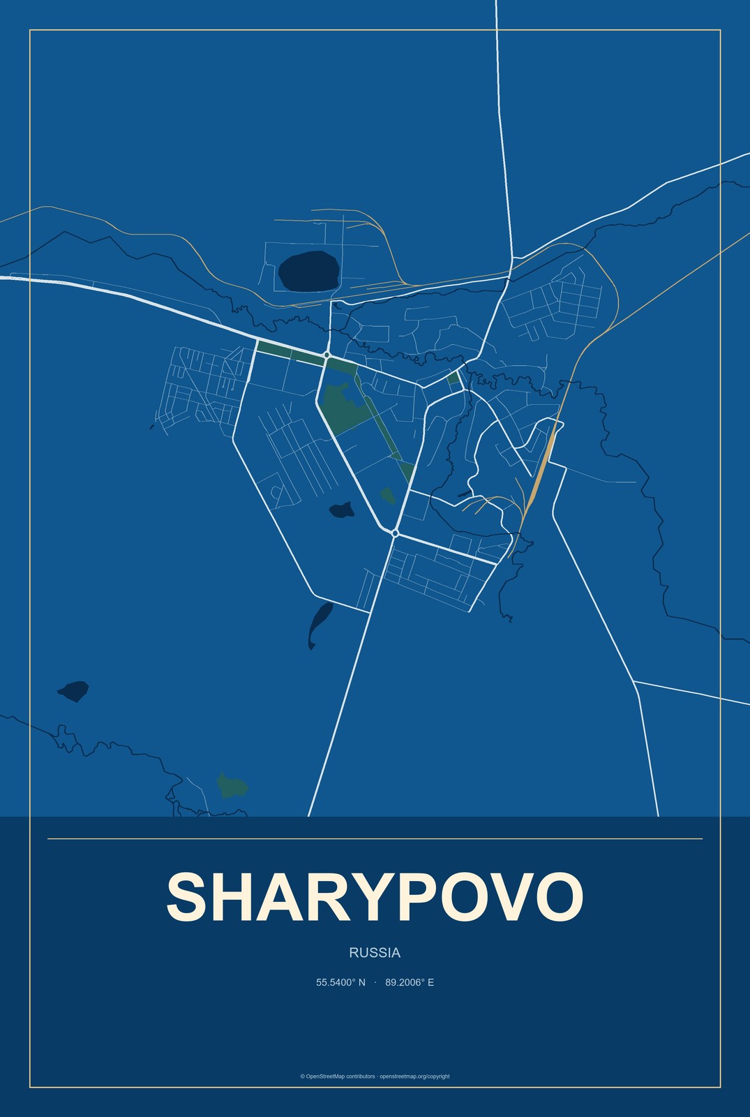 Sharypovo, Russia City Map Aluminum Sign in Harbor Cobalt style