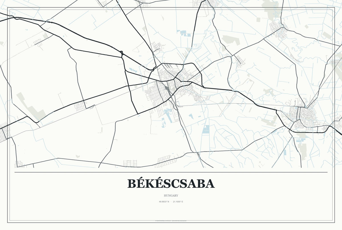 Békéscsaba, Hungary City Map Aluminum Sign in Gallery Air style