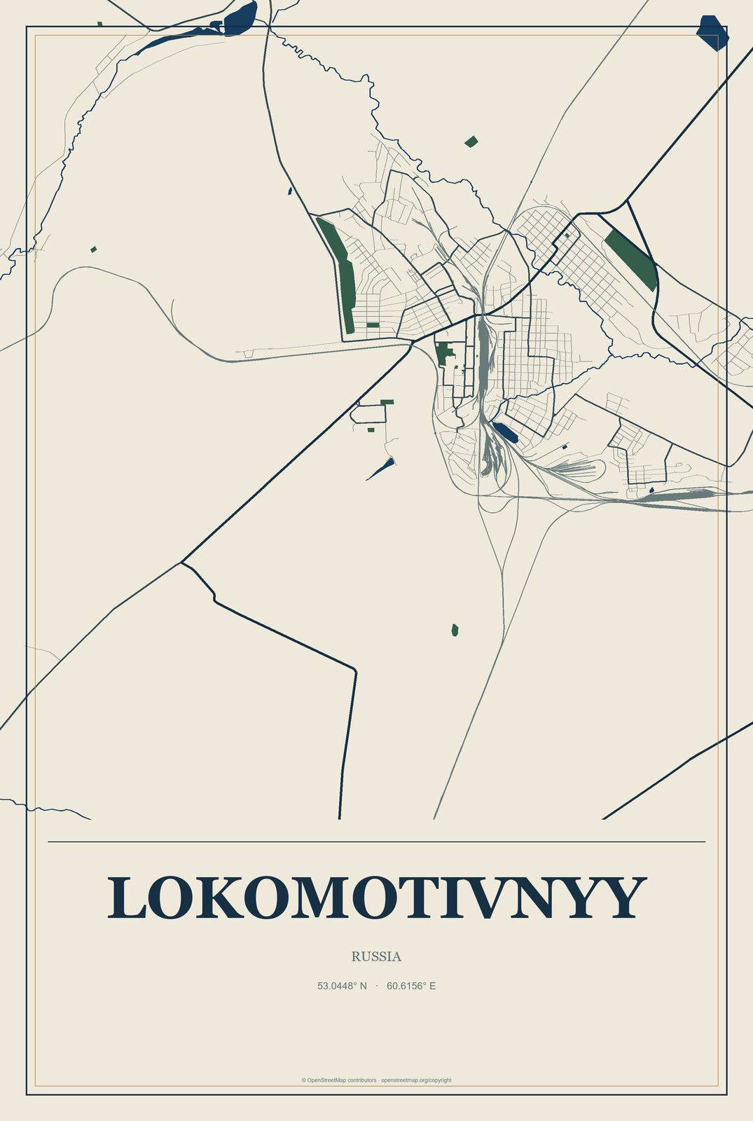 Lokomotivnyy, Russia City Map Aluminum Sign in Coastal Cutout style
