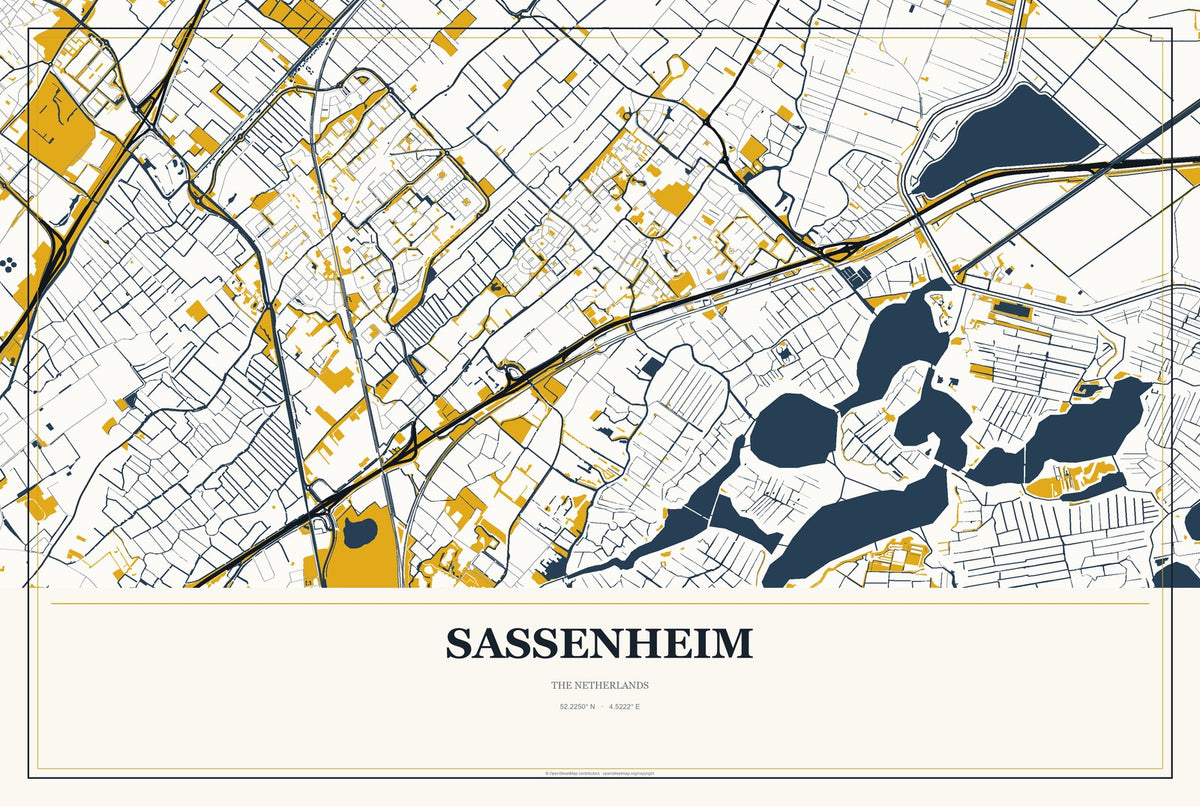 Sassenheim, The Netherlands City Map Aluminum Sign in Citrine Modern style