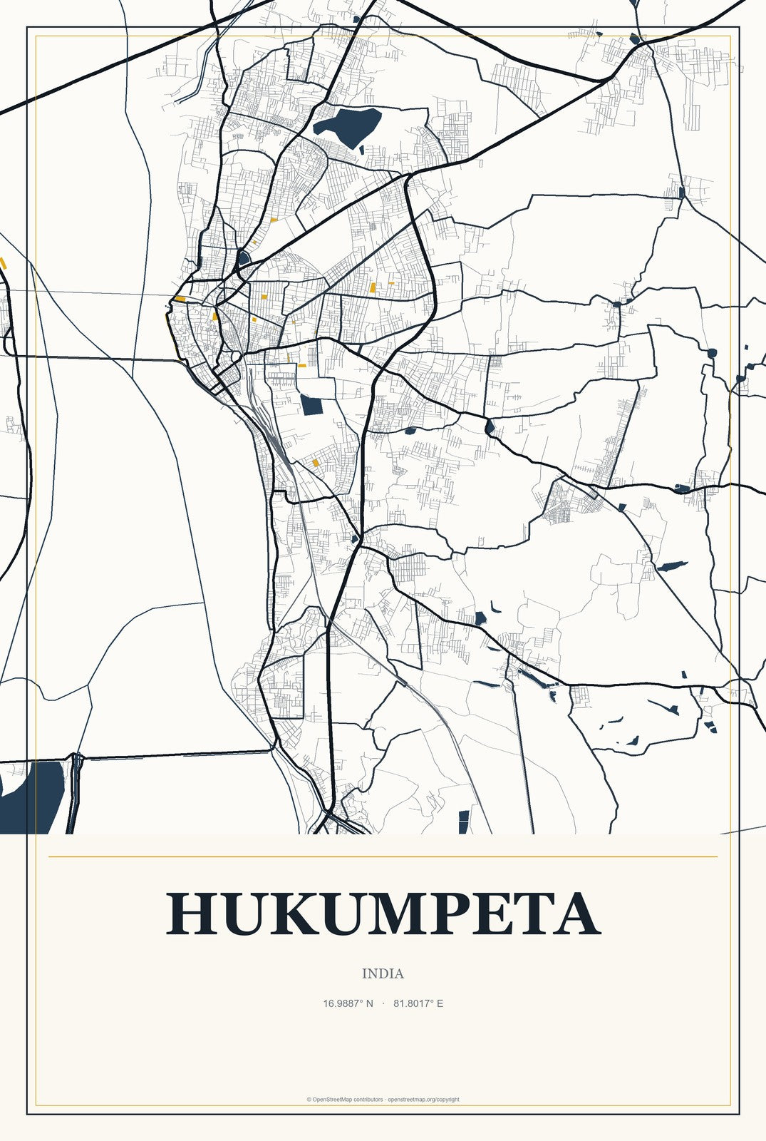 Hukumpeta, India City Map Aluminum Sign in Citrine Modern style