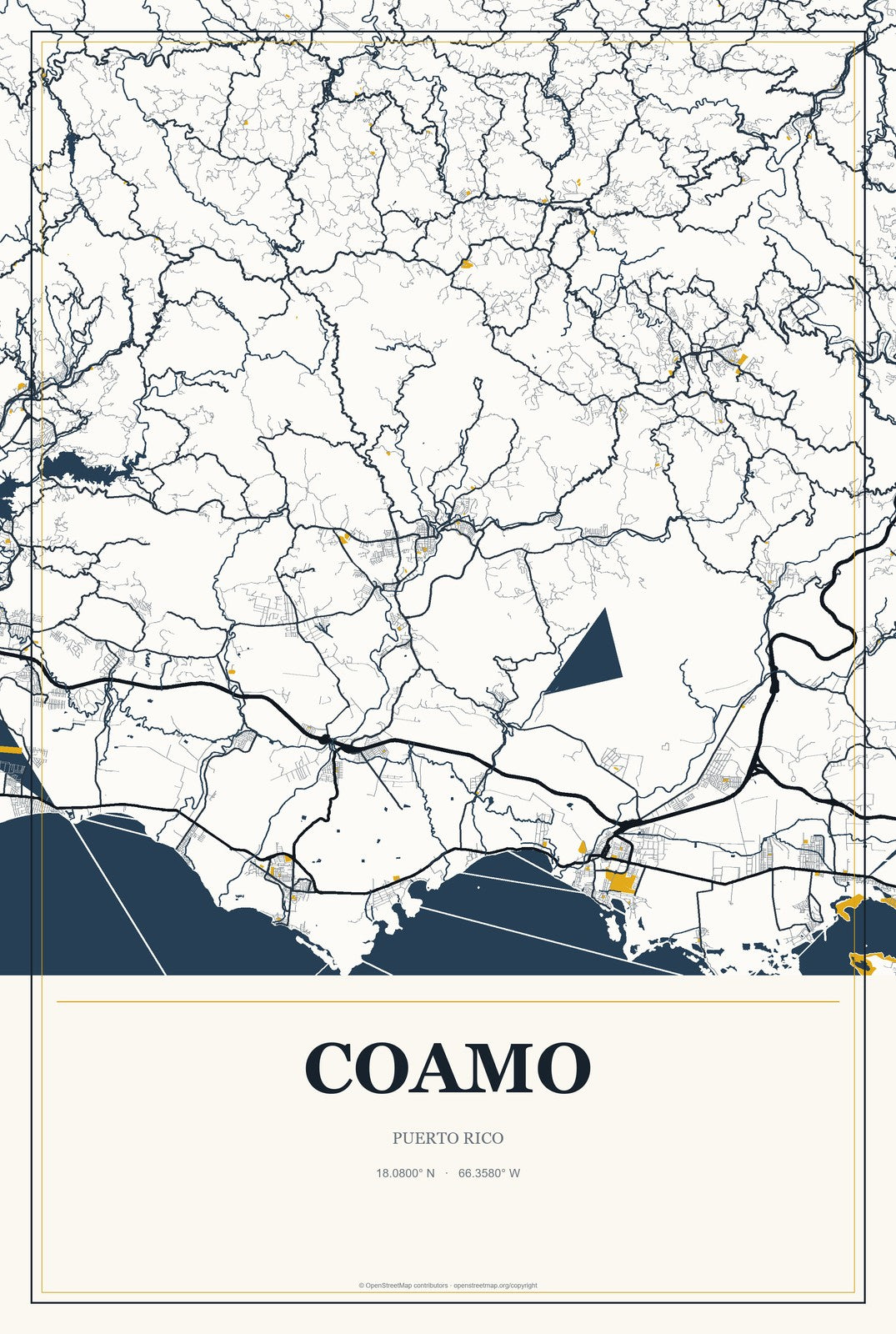 Coamo, Puerto Rico City Map Aluminum Sign in Citrine Modern style