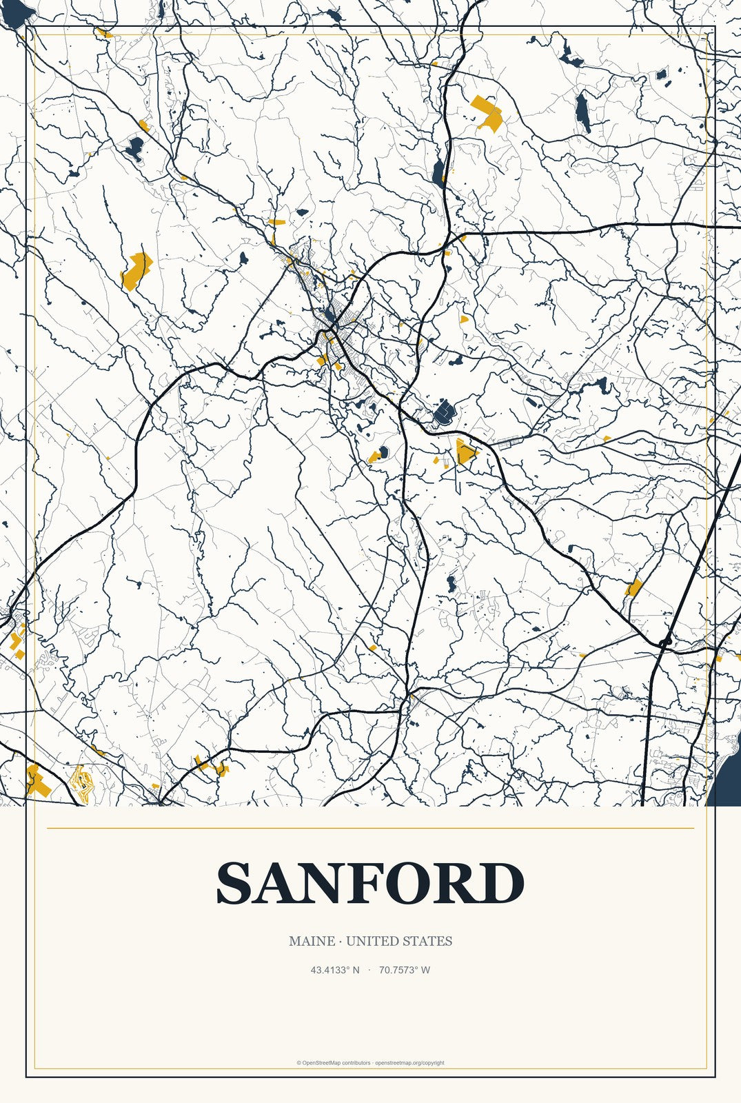Sanford, Maine City Map Aluminum Sign in Citrine Modern style
