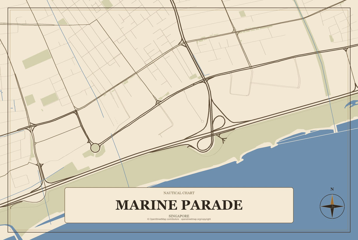 Marine Parade, Singapore City Map Aluminum Sign in Heritage Nautical style