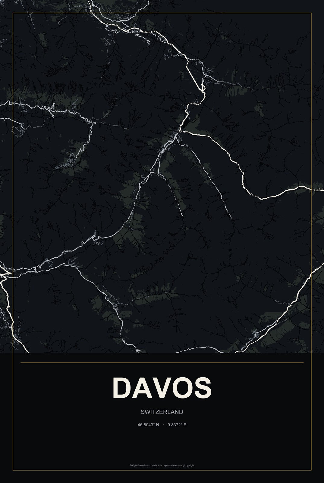 Davos, Switzerland City Map Aluminum Sign in Metropolitan Noir style