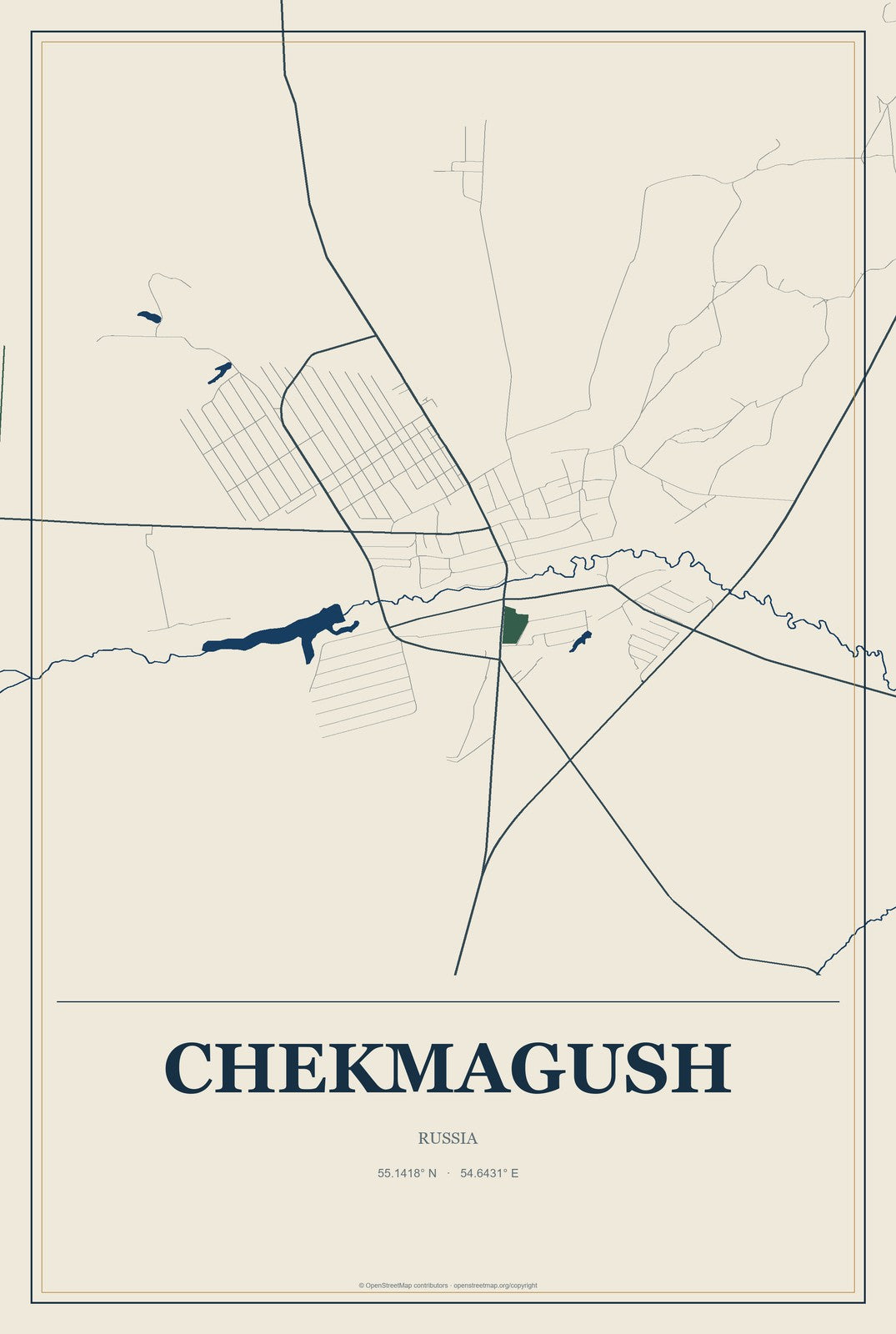 Chekmagush, Russia City Map Aluminum Sign in Coastal Cutout style
