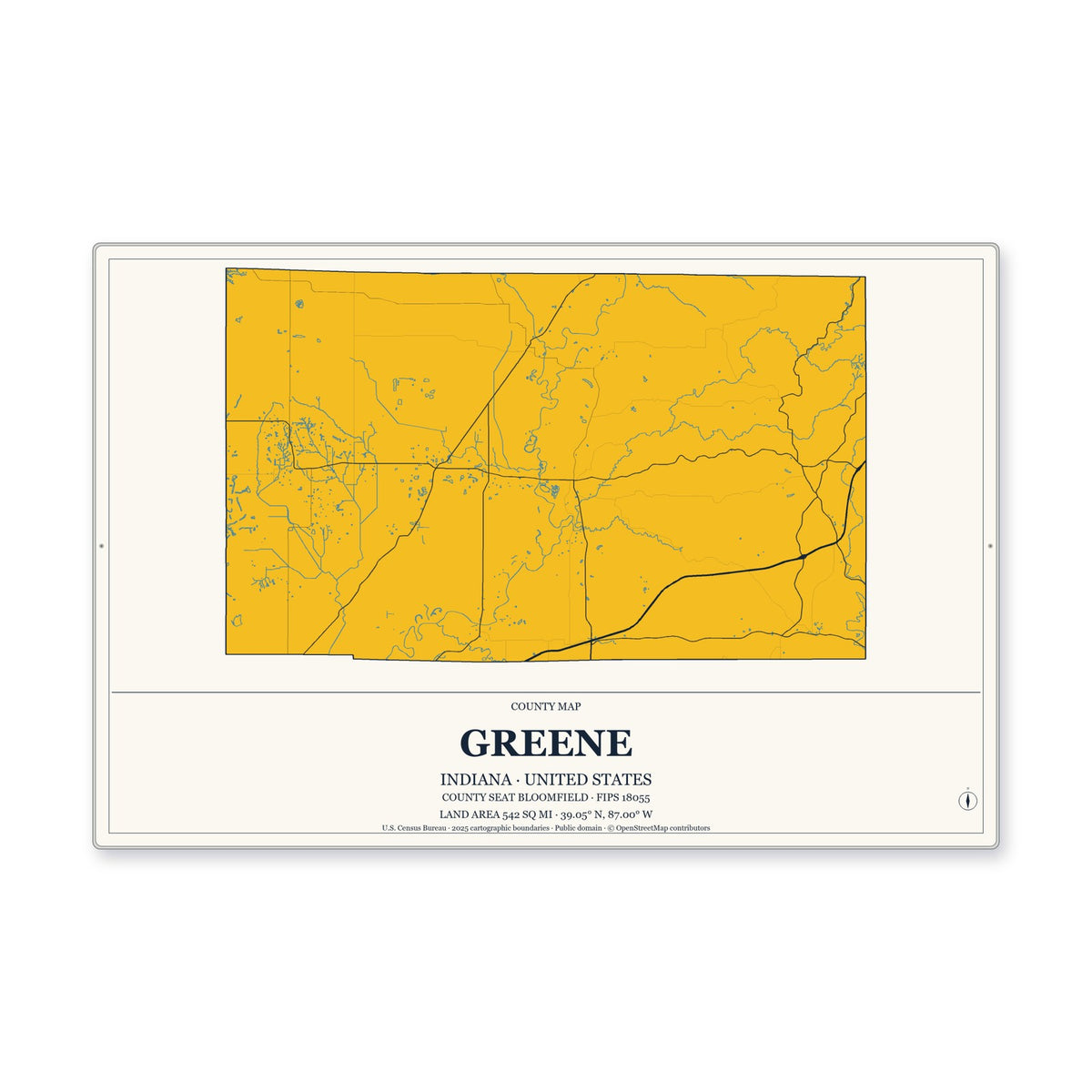 Greene County, Indiana Map Aluminum Sign in Citrine Modern style