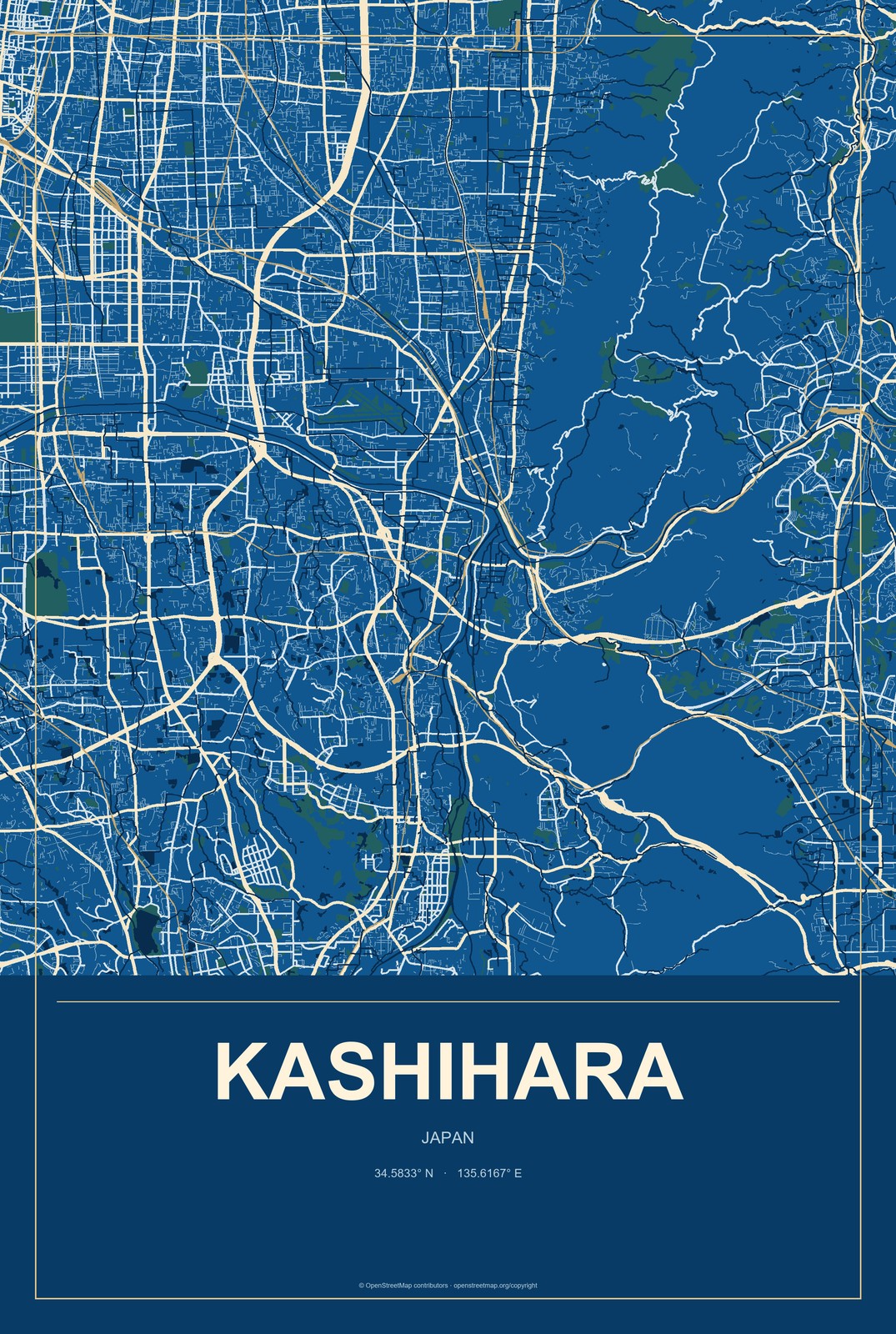 Kashihara, Japan City Map Aluminum Sign in Harbor Cobalt style