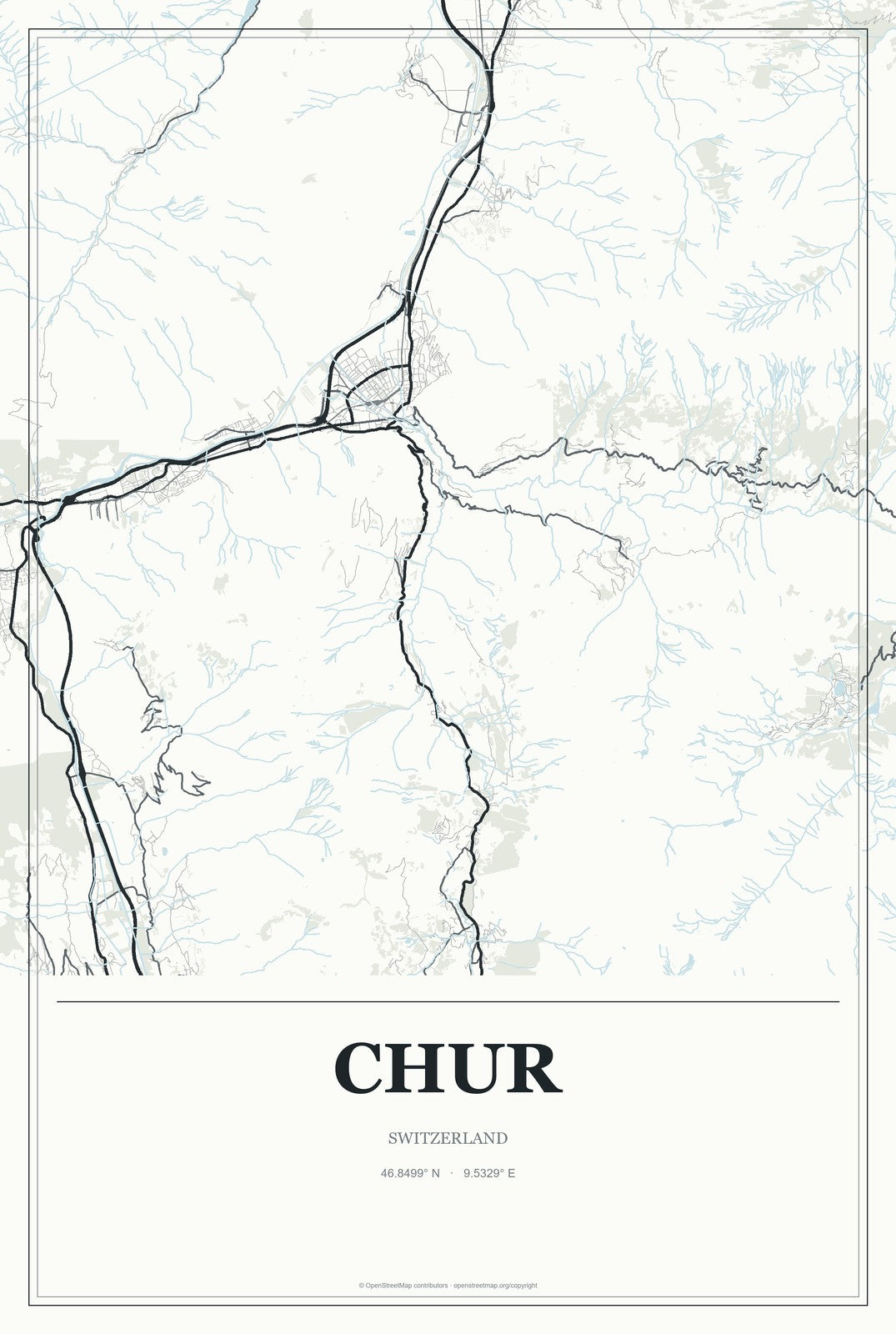 Chur, Switzerland City Map Aluminum Sign in Gallery Air style