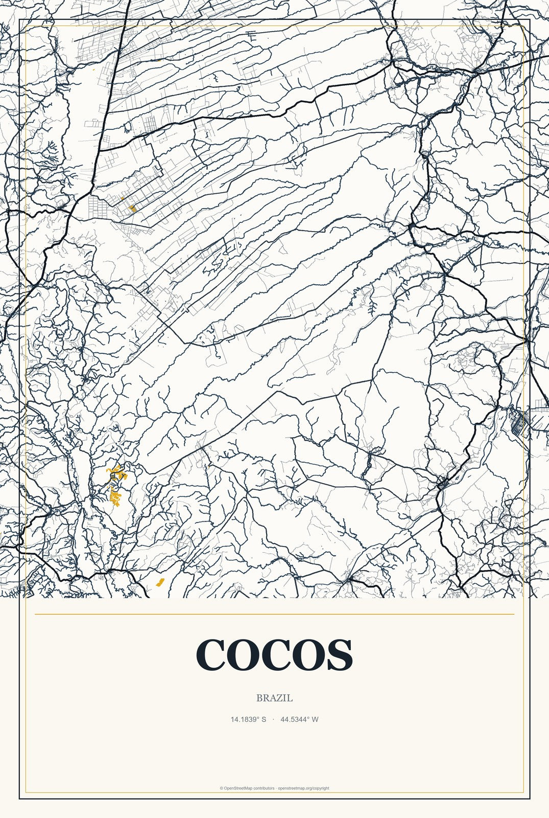 Cocos, Brazil City Map Aluminum Sign in Citrine Modern style