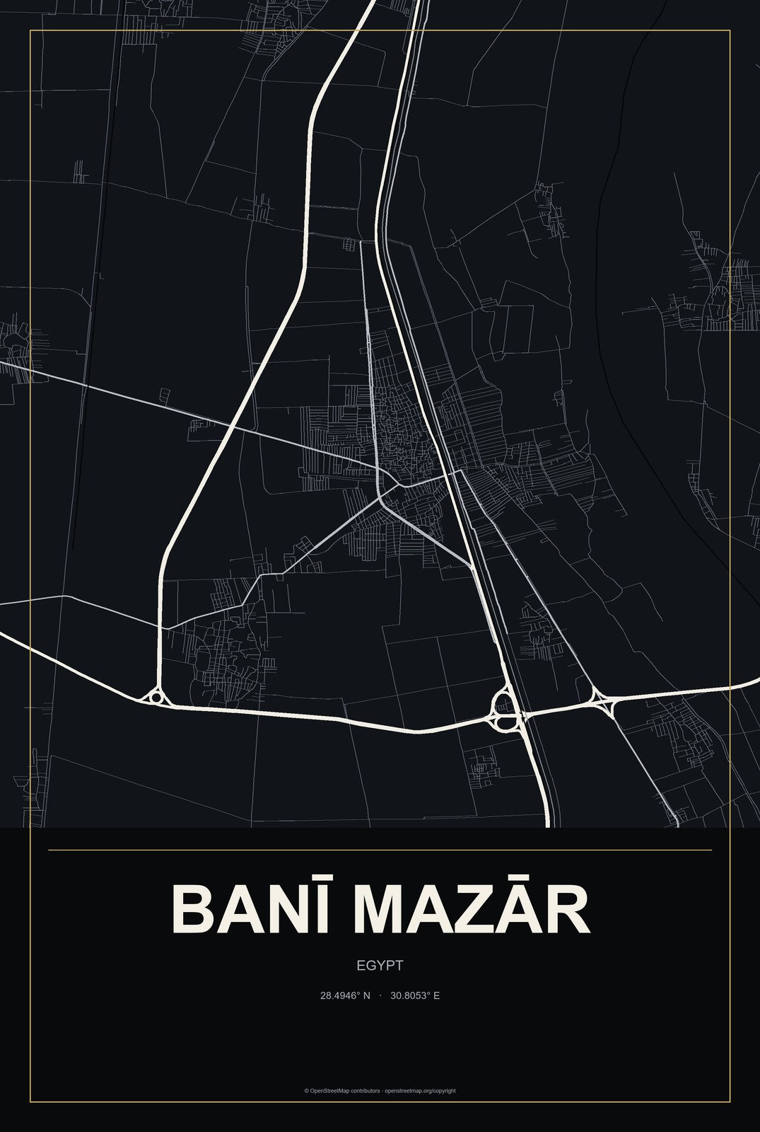 Banī Mazār, Egypt City Map Aluminum Sign in Metropolitan Noir style