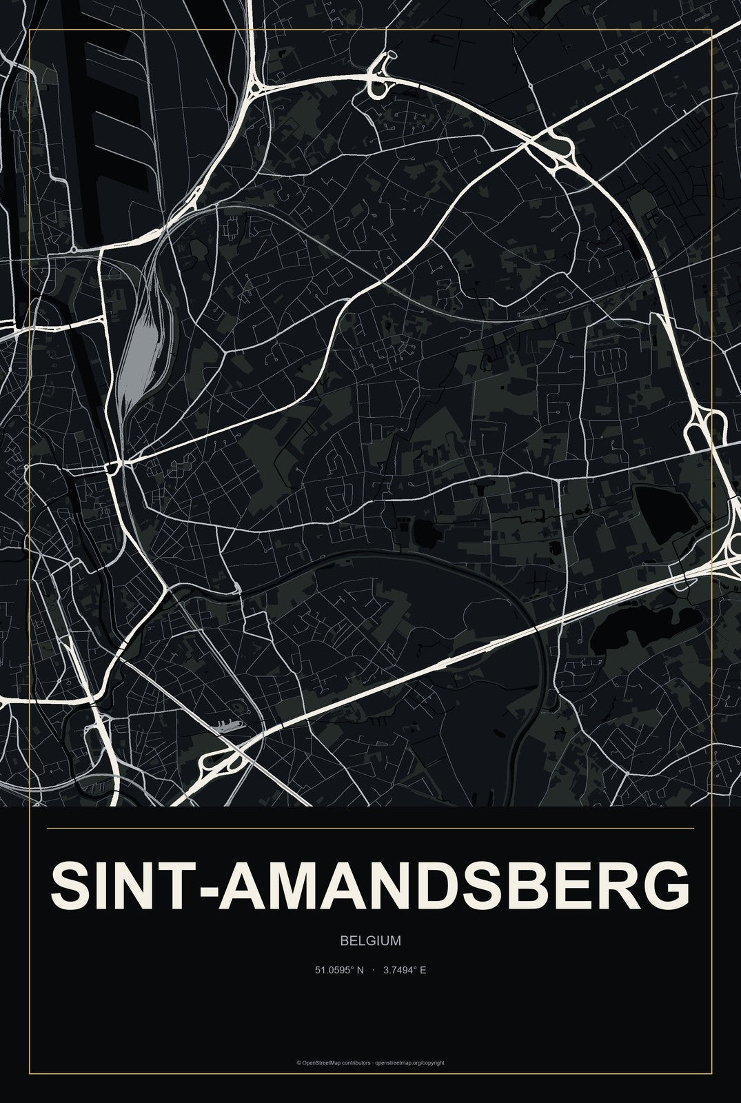 Sint-Amandsberg, Belgium City Map Aluminum Sign in Metropolitan Noir style